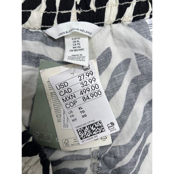 H&M LINEN-BLEND BOTANICAL PULL-ON PANTS IN BLACK AND WHITE. SIZE XL NWT - Picture 4 of 6